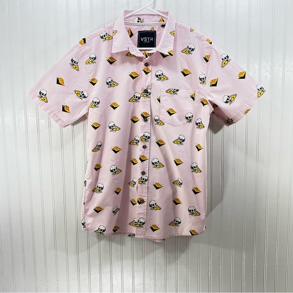 VSTR Pink All Over Print Skull Pizza Button Up Shirt Men’s Large 100% Cotton